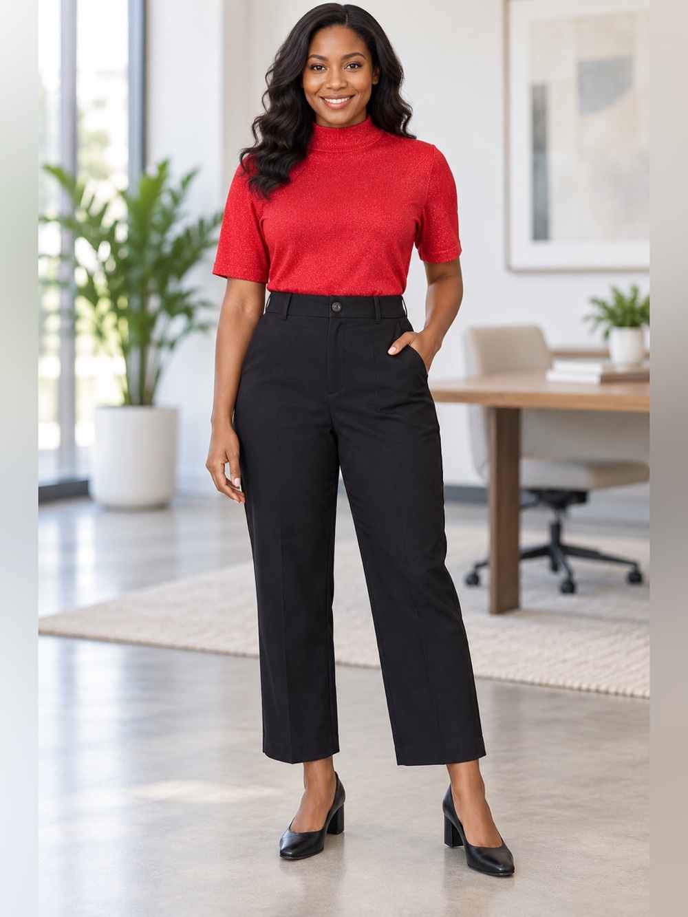 Rafaella NWT Black Pants & TanJay Red Metallic Mock Neck Top Set